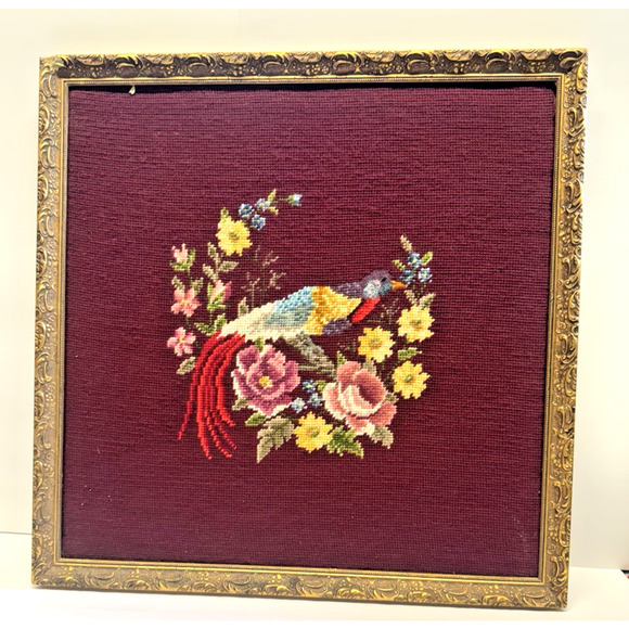 Beautiful Handmade Needlepoint Peacock and Florals Burgundy Gold Frame 21" x 21" - Picture 1 of 10